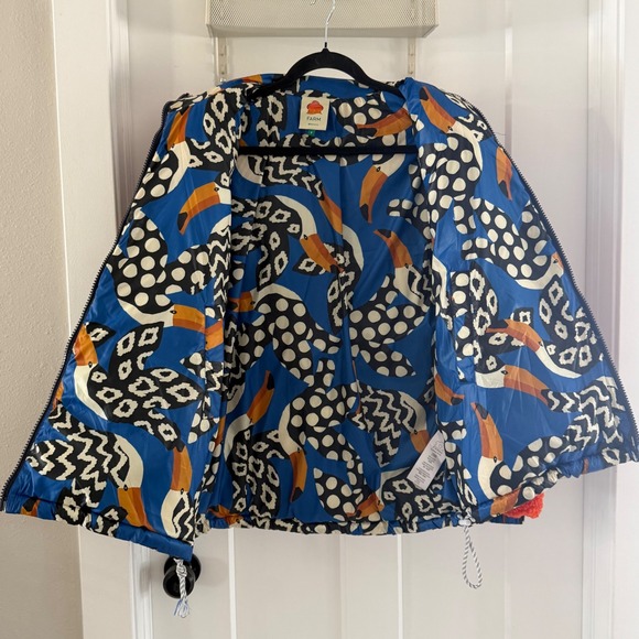 Farm Rio Colorful Tucano Puffer Jacket Mixed Sherpa Fleece S Blue Multi Zip Up - Picture 5 of 7